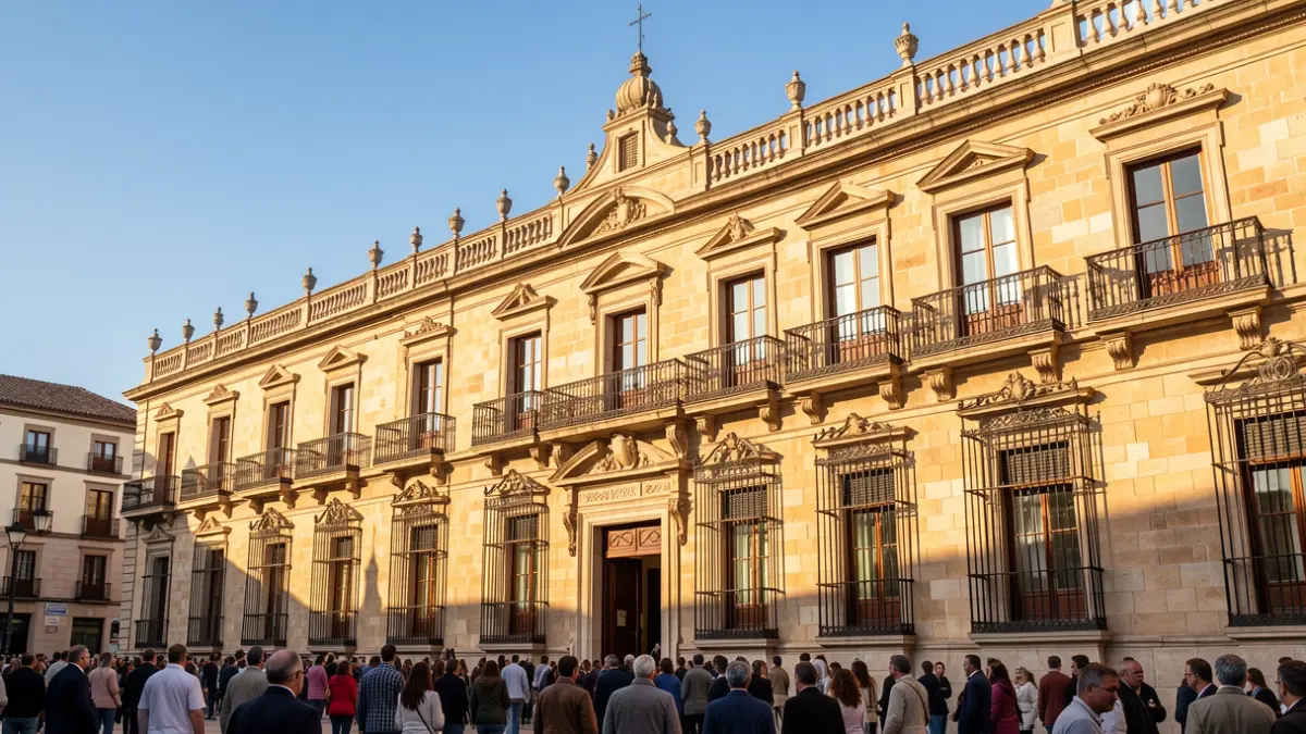 Facade of the Sevilla Town Hall with ornate balconies and iron railings, under the warm afternoon sunlight.