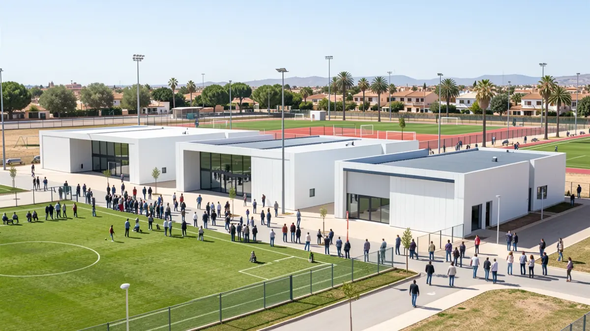 Imagen de nuevos edificios modulares sostenibles en centros deportivos municipales de Sevilla.