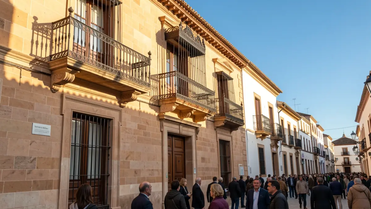 Fachada de un ayuntamiento andaluz tradicional con balcón y barandillas de hierro, bajo la luz del sol de la tarde.