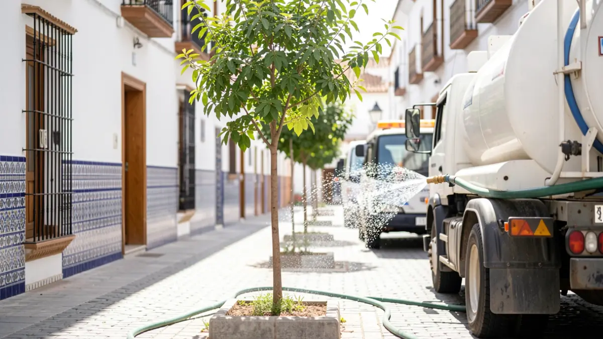Water truck watering a young tree on a street in Sevilla with Andalusian architecture.