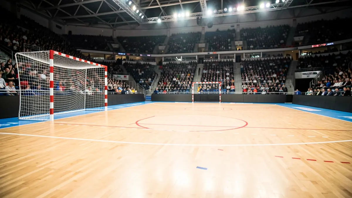 Generic image of an empty handball court with stadium lighting.