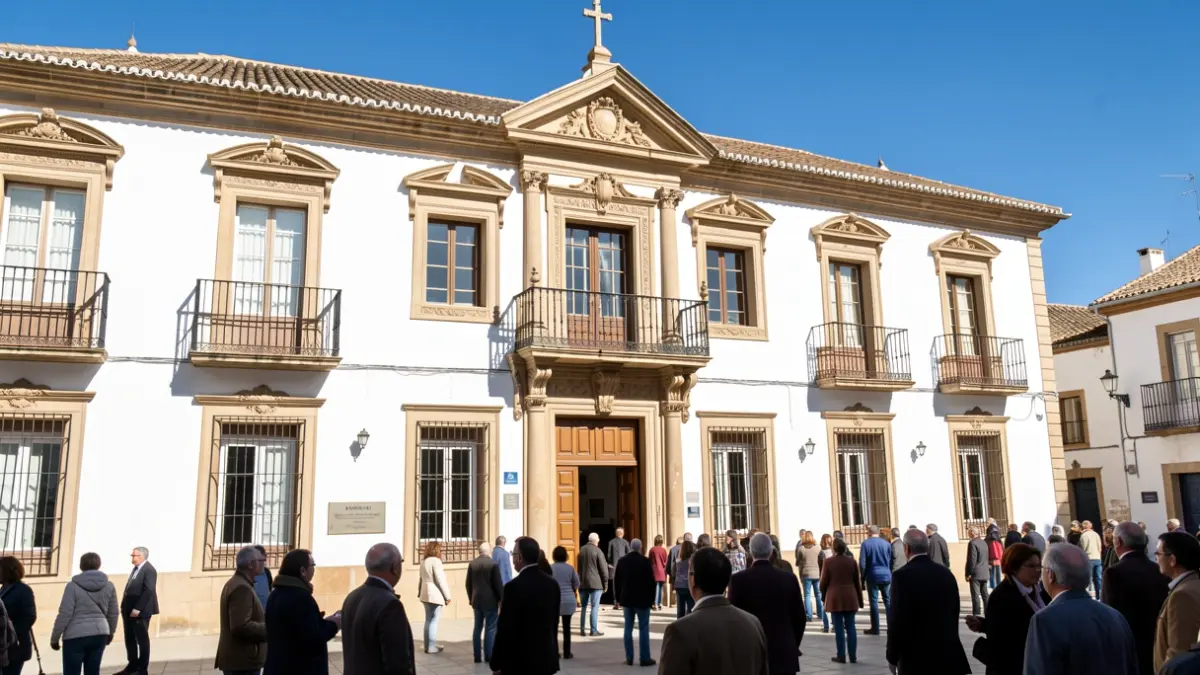 Facade of a traditional Andalusian town hall with ornate balconies and white walls, under sunlight.