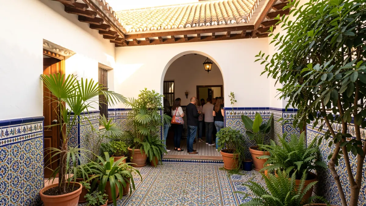 Generic image of a traditional Andalusian patio with tiles and plants.