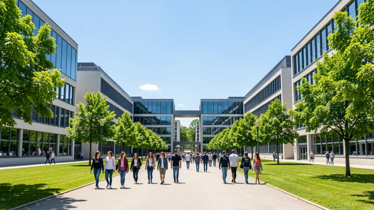 Generic image of a modern university campus with students.
