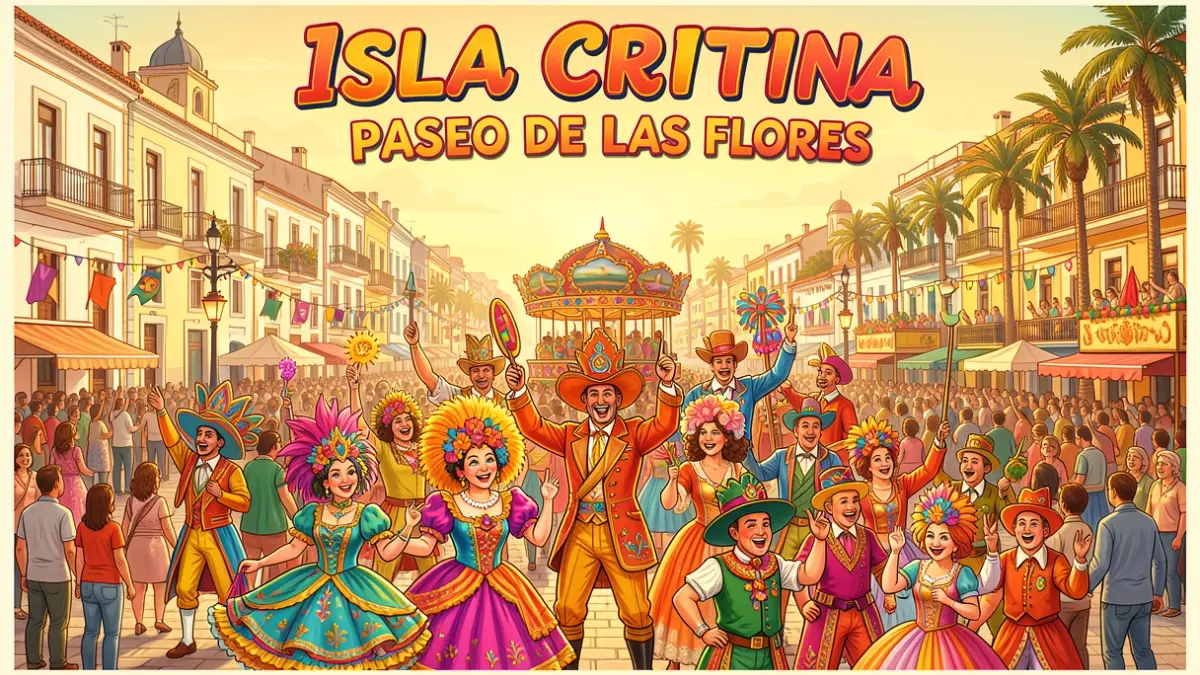 Cartel anunciador del Carnaval de Isla Cristina 2027, obra de José Luis Tabares Zaíño, con una escena costumbrista y humorística.