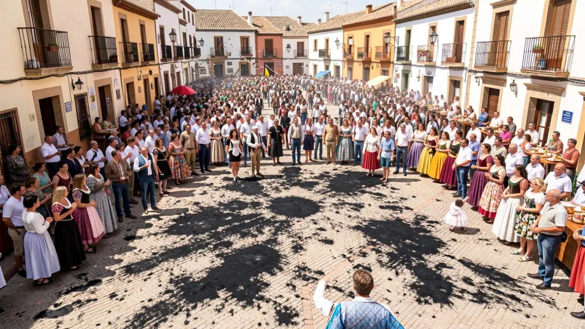 Multitud en la plaza de Baza durante la fiesta del Cascamorras, con el suelo manchado de pintura negra.