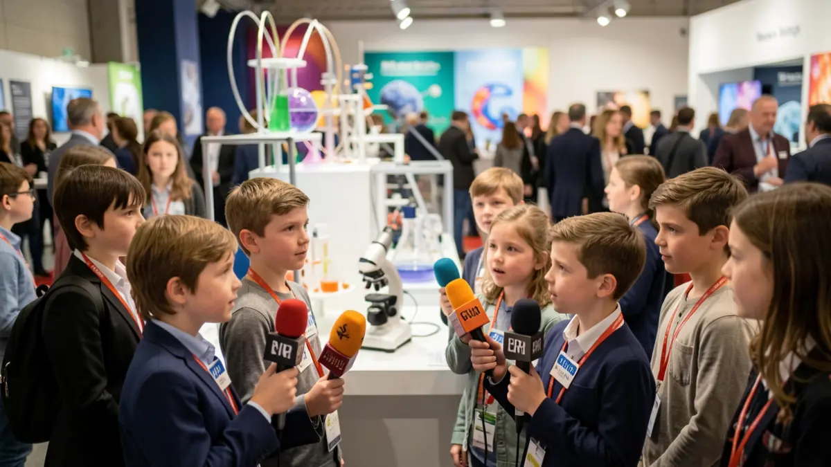 Children participating as science reporters at a research fair.