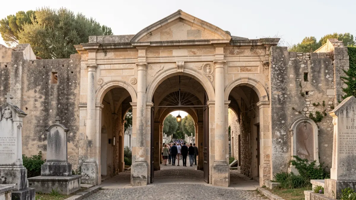 Historic entrance of the San Eufrasio Cemetery with 19th-century architecture.