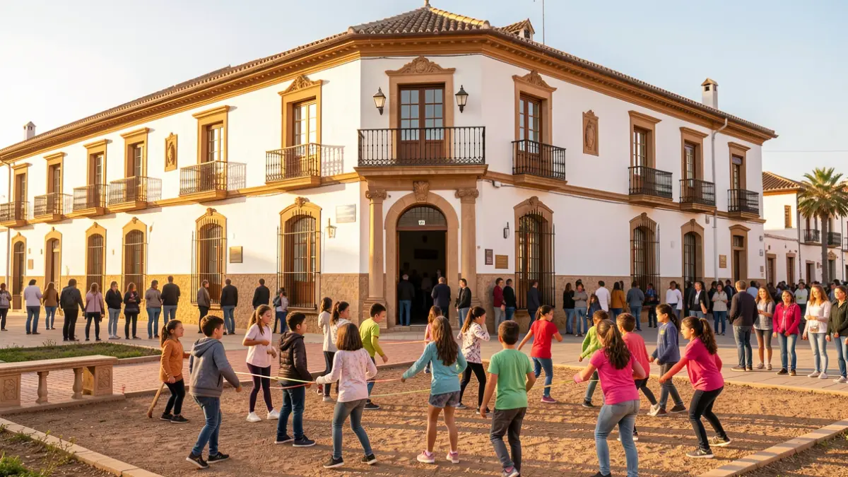 Facade of the Virgen de Regla school in Chipiona during its Franciscan Week.