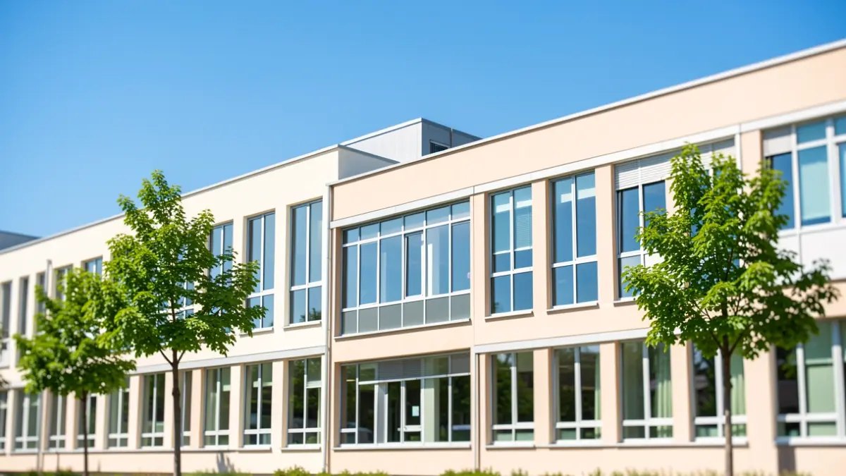 Facade of a modern educational center with large windows and trees.