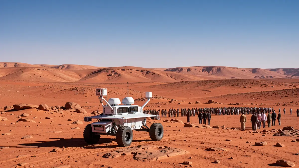 Desert landscape similar to Mars with a space exploration rover.