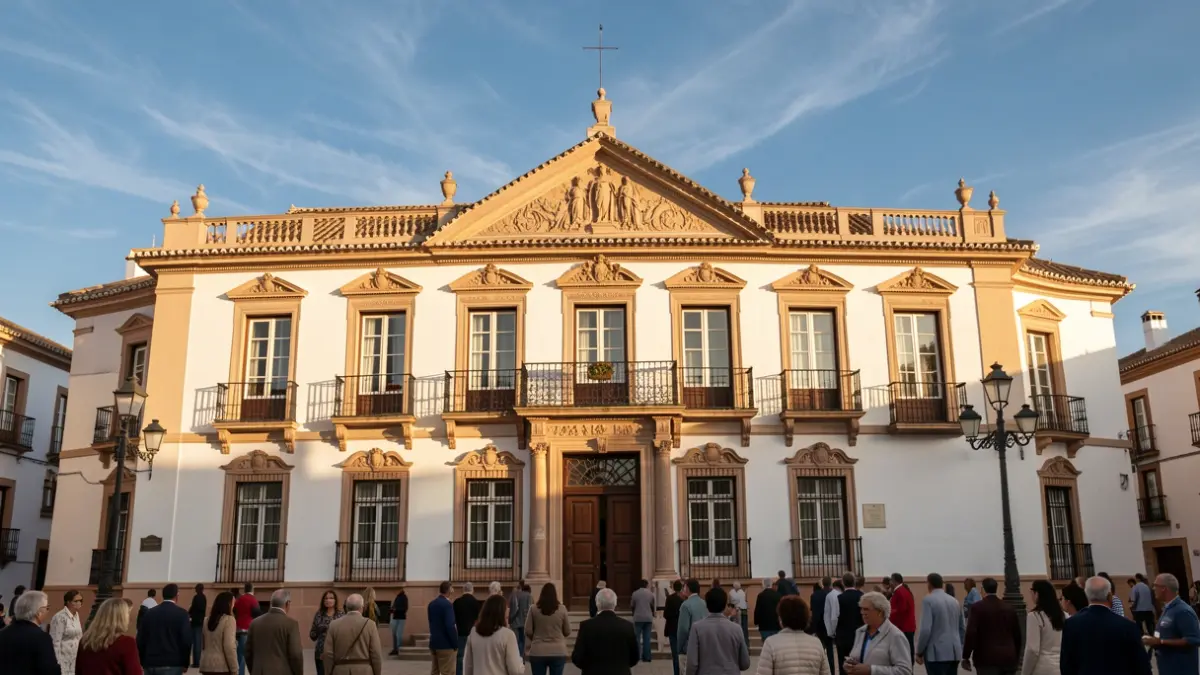 Fachada de un ayuntamiento andaluz con balcones ornamentados y paredes blancas, bajo la luz del sol de la tarde.