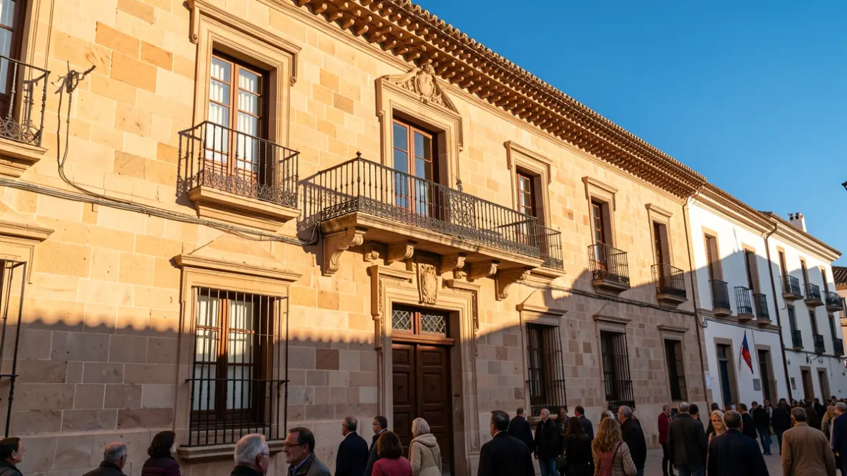 Facade of a traditional Andalusian town hall with an ornate balcony and iron railings, warm afternoon sunlight, blue sky.