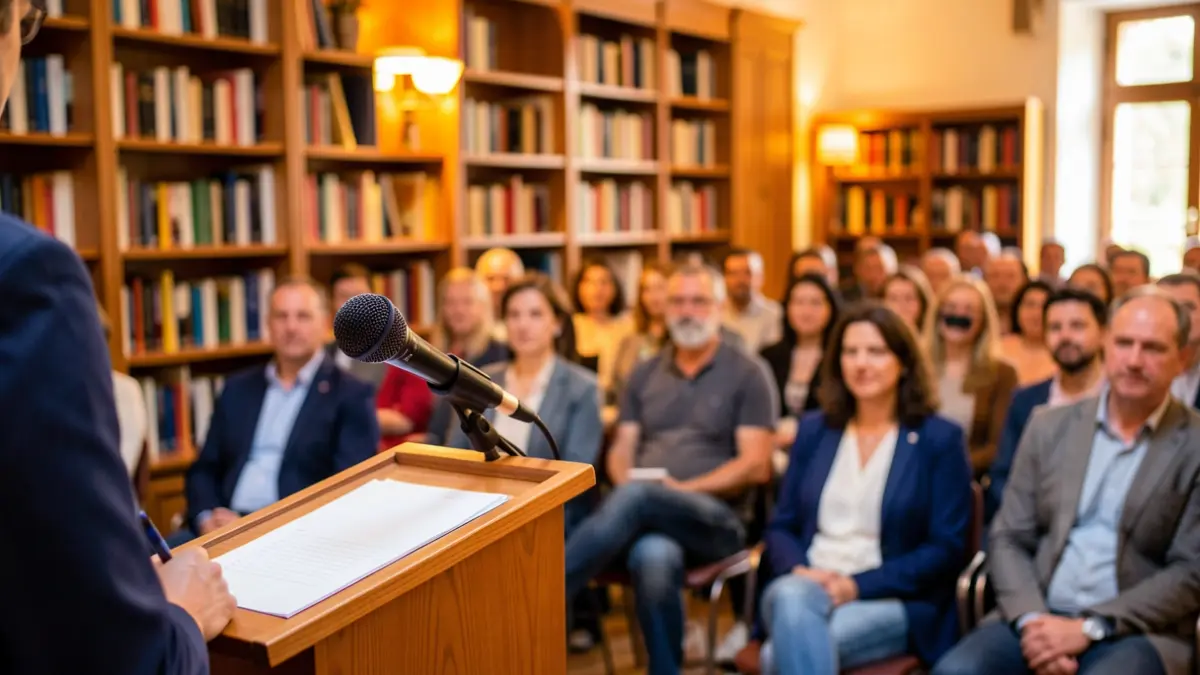 Imagen genérica de un evento de divulgación científica en Andalucía, con un micrófono y estanterías de libros.