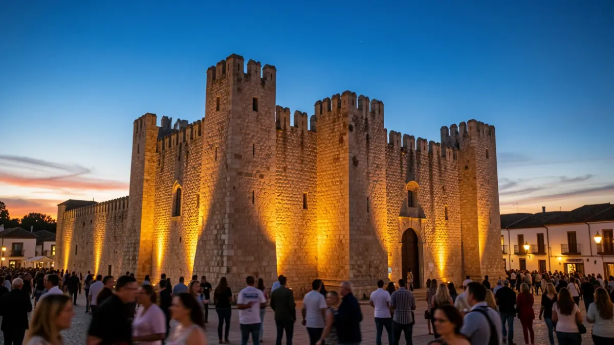 The Castillo de Alcalá de Guadaíra illuminated at dusk, with silhouettes of people at its base.