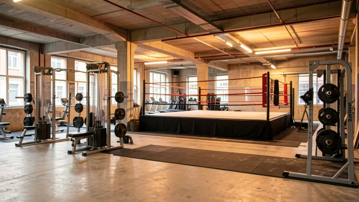 Interior of a gym under construction in the former Soho garage in Malaga, with weight machines and a boxing ring.