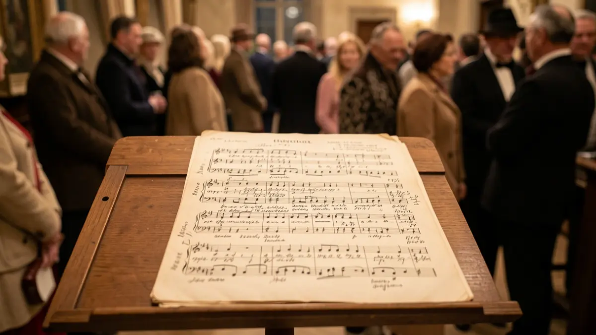 Old opera score with handwritten annotations on a wooden music stand.