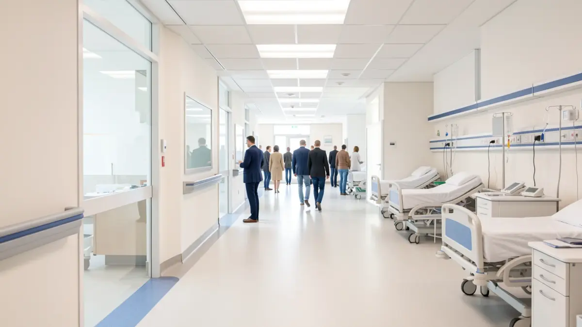 Imagen genérica de un hospital moderno con pasillos luminosos y salas de espera mejoradas.