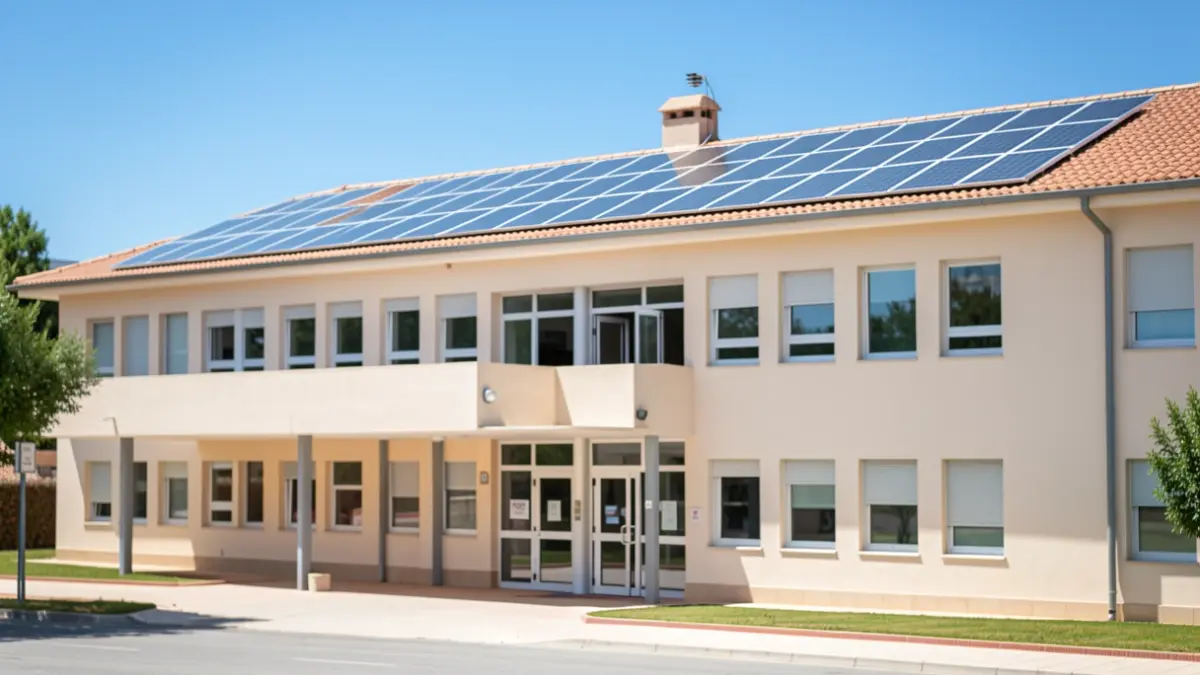 Facade of the IES El Molinillo institute in Guillena with solar panels.