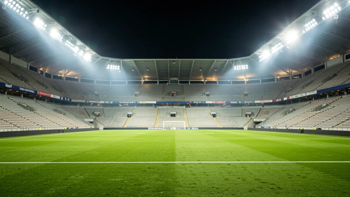 Imagen genérica de un estadio de fútbol vacío por la noche con luces brillantes.