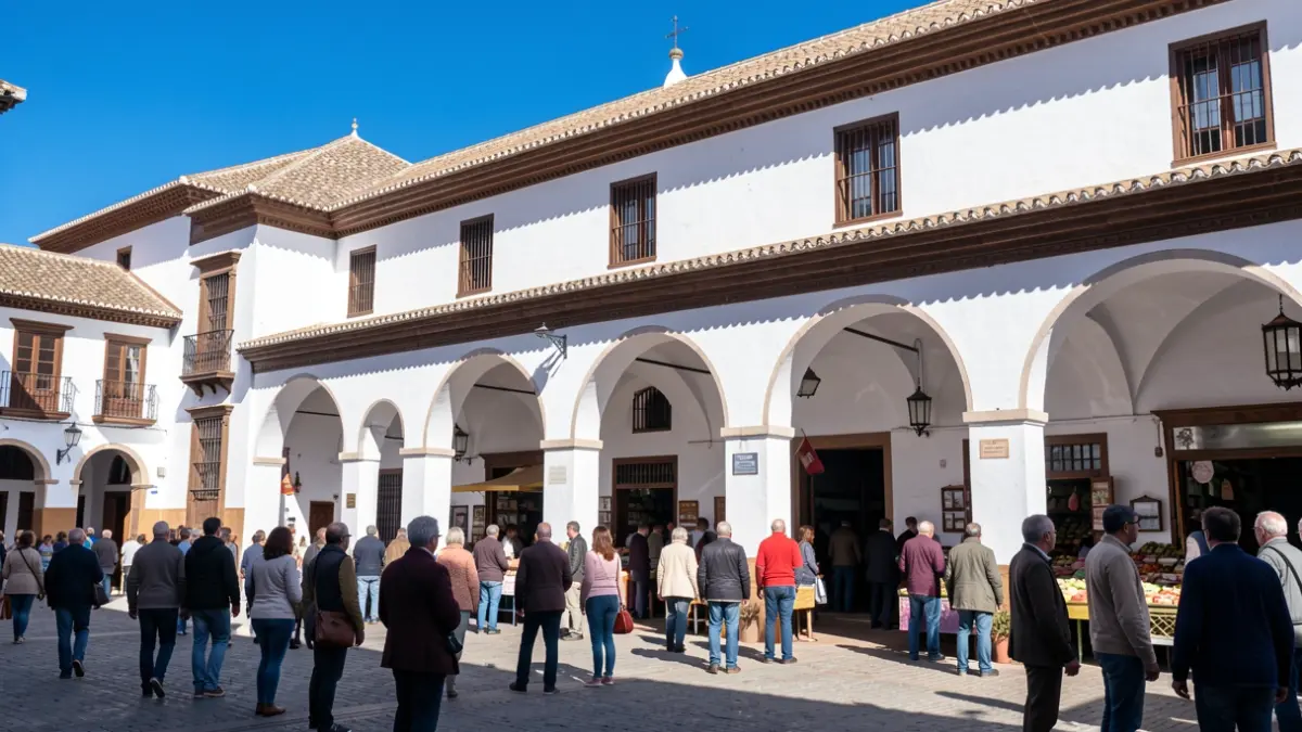 Fachada de un mercado tradicional andaluz con paredes blancas y arcos, bajo el sol brillante del mediodía.