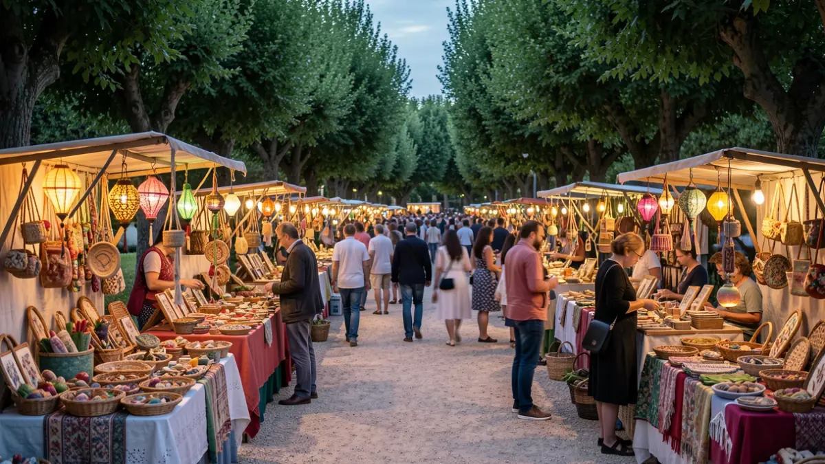 Mercado de artesanos al atardecer en un parque con puestos de artesanía y gente paseando.