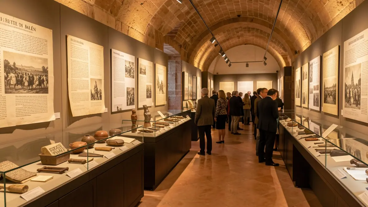 Interior of an Andalusian museum exhibition hall with historical documents and display cases.