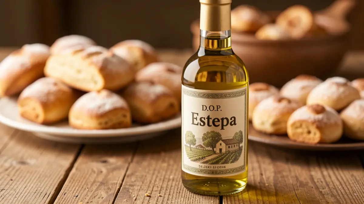 Bottle of D.O.P. Estepa Extra Virgin Olive Oil next to traditional sweets.