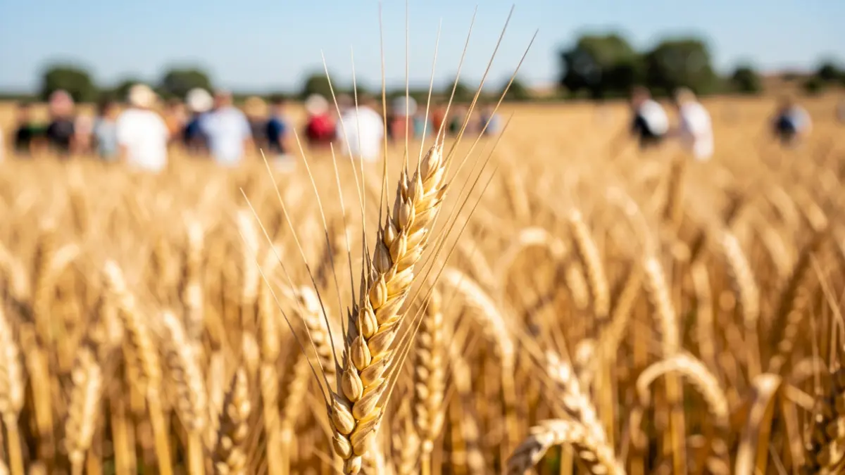 Espiga de trigo dorada en primer plano con un campo agrícola andaluz desenfocado al fondo bajo el sol.