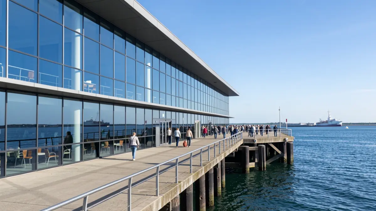 Fachada moderna de la Estación Marítima del Puerto de Almería con pasarela y finger.