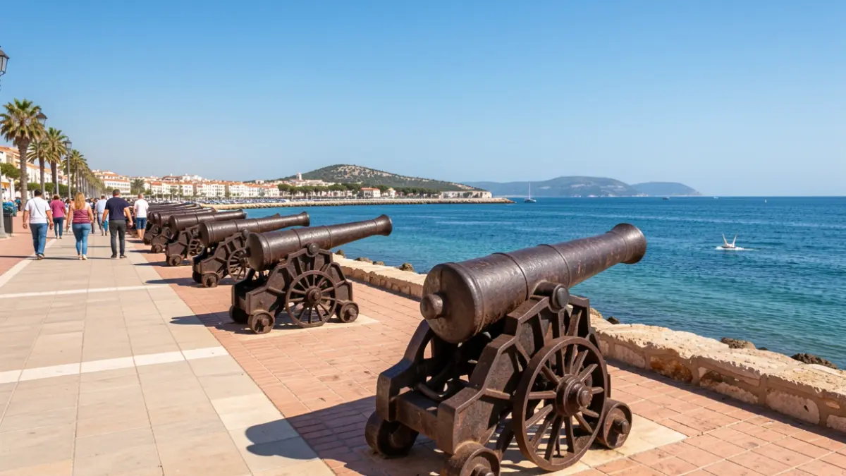 Paseo marítimo de El Puerto con cañones históricos y vistas a la Bahía de Cádiz.