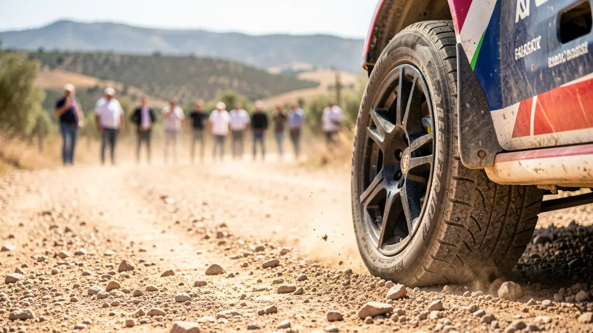 Generic image of a rally car tire on a dirt road.