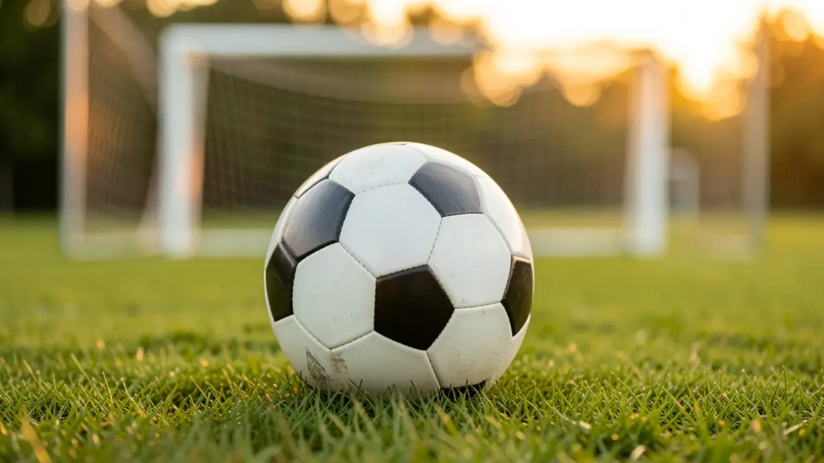 Soccer ball on grass with goal net blurred at sunset.