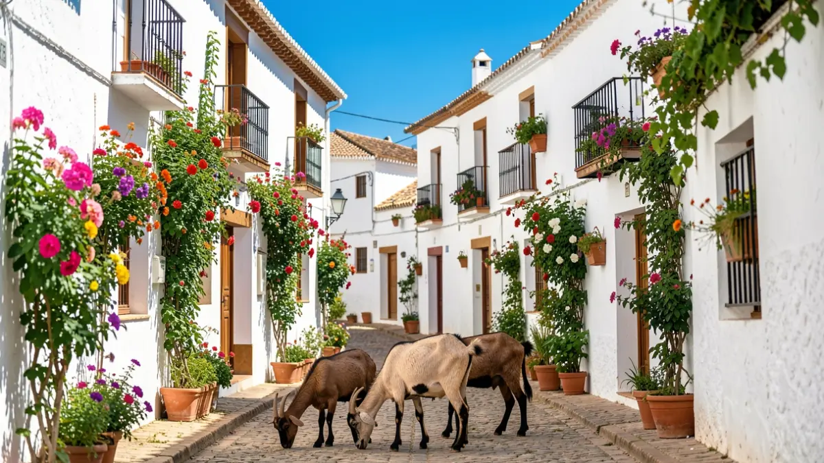 White Andalusian village with goats grazing in the foreground.