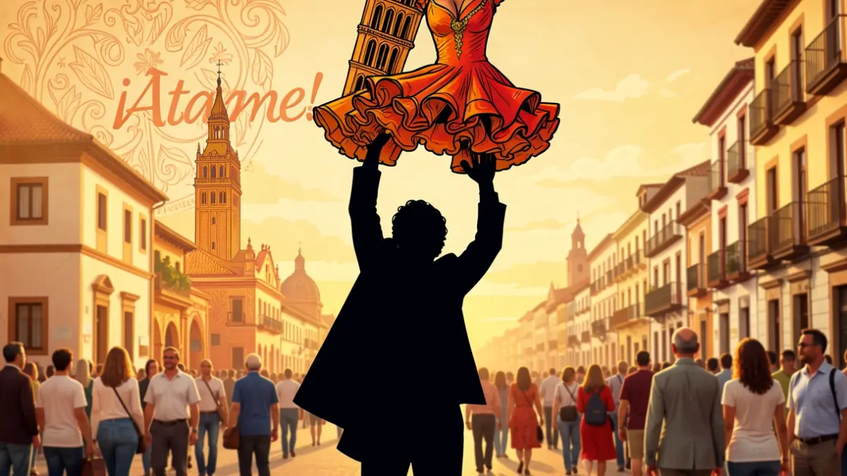 Cartel del Festival de Cine Europeo de Sevilla (SeFF) con Antonio Banderas sosteniendo la Giralda vestida de flamenca.