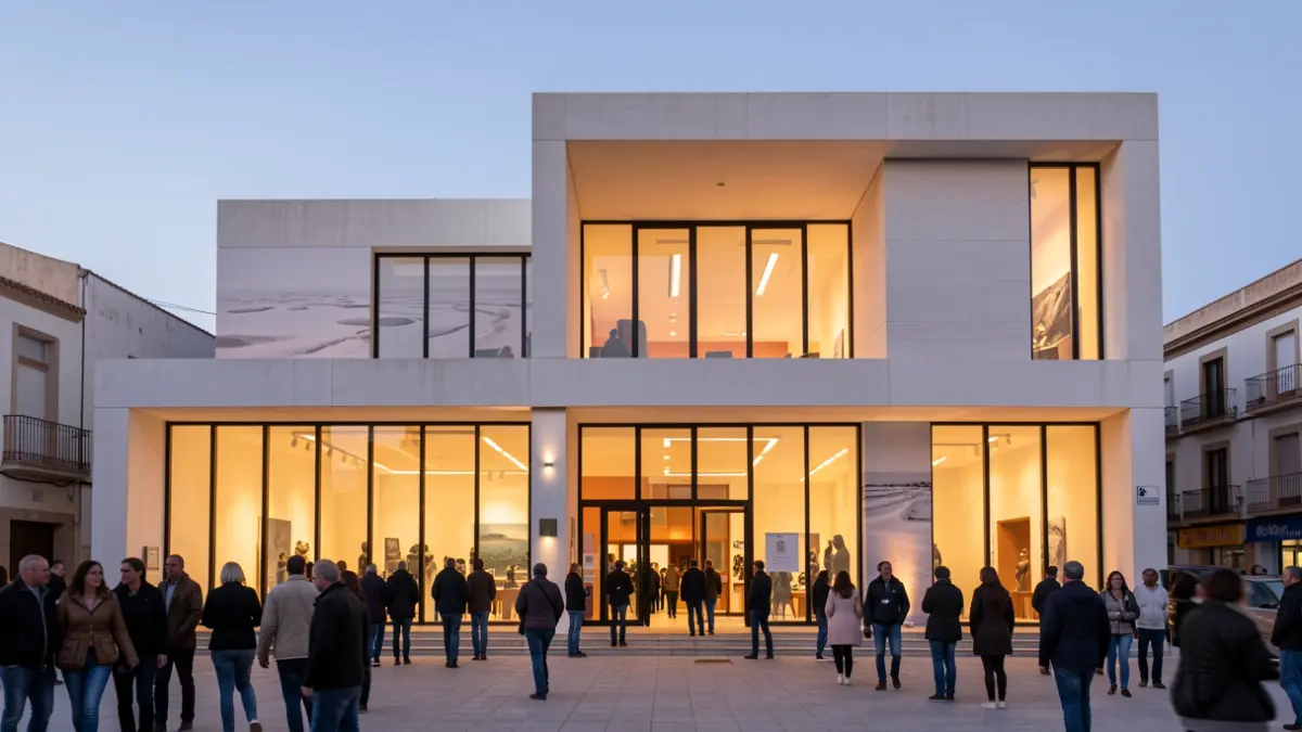 Facade of the Teatro Moderno in Chiclana with details inspired by salt flats and estuaries.