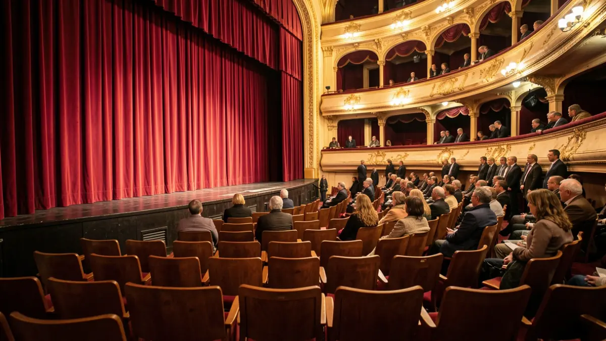 Generic image of a theater with warm lighting and curtains.