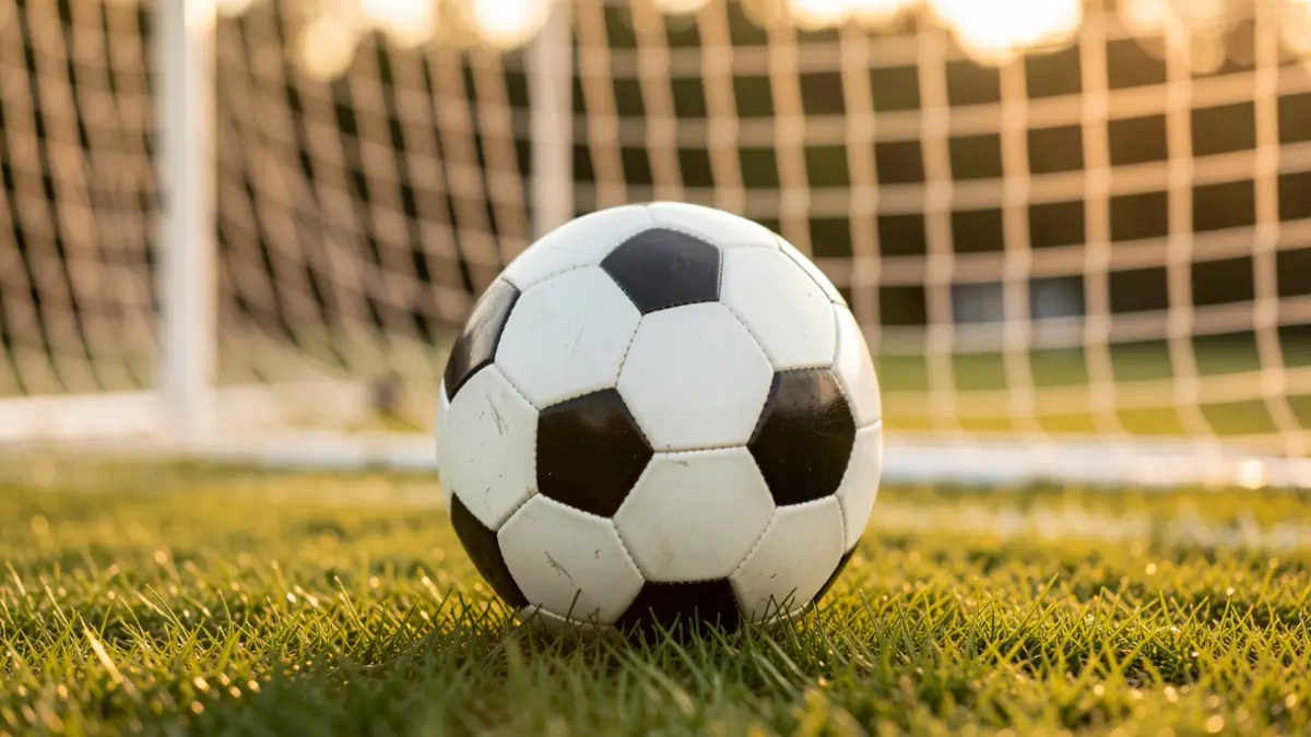 Imagen genérica de un balón de fútbol sobre césped con una portería desenfocada al fondo.