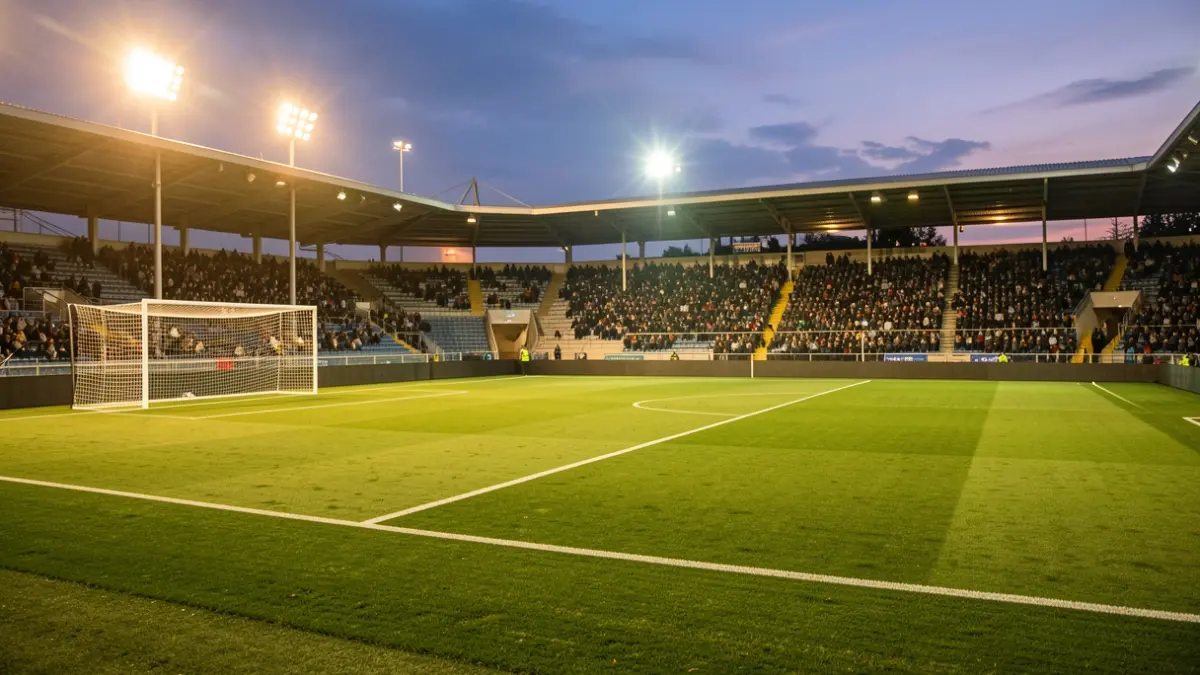 Municipal football field at dusk with empty stands.