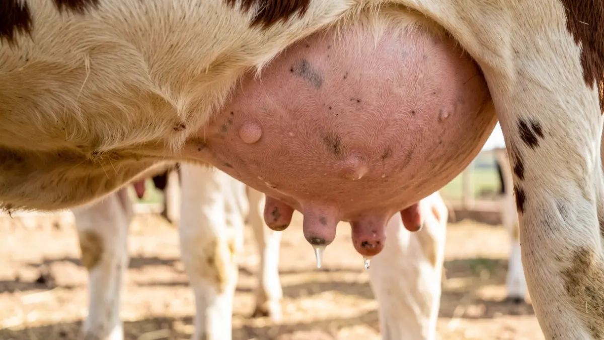 Primer plano de la ubre de una vaca lechera en una granja de Andalucía.