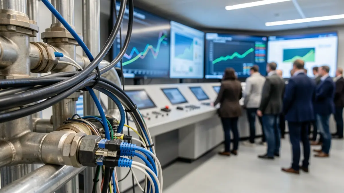 Image of intertwined water pipes and digital network cables, with a blurred background of a modern control room.