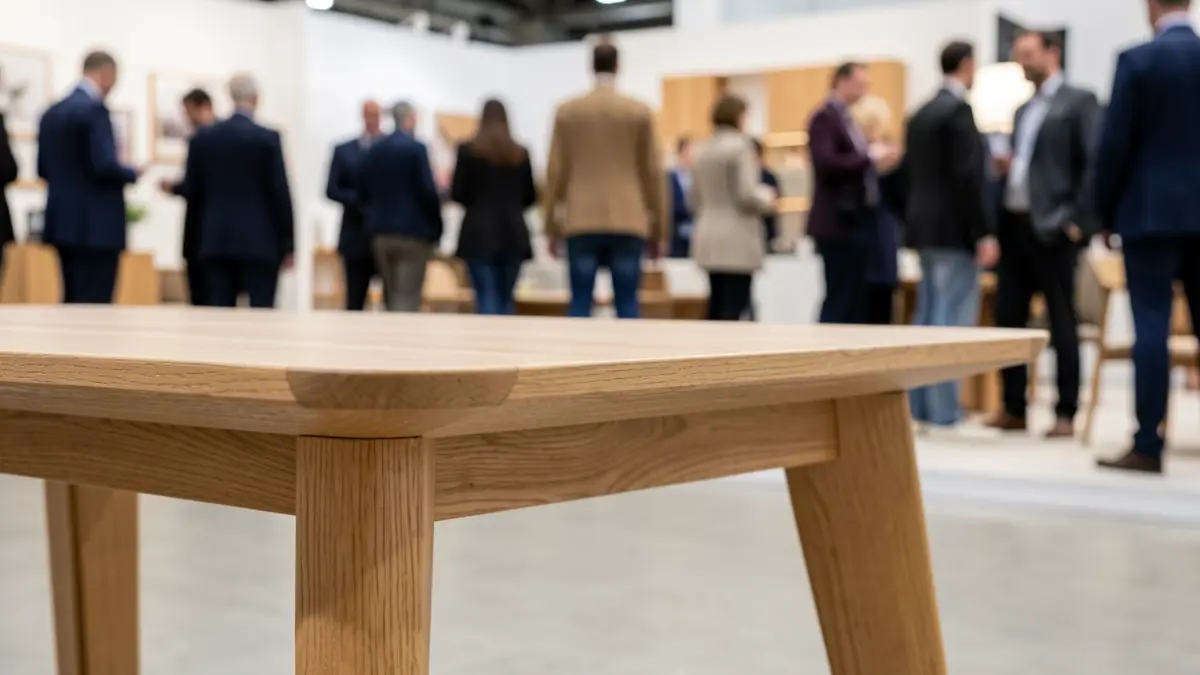 Detail of a designer furniture piece at a trade fair, with warm lighting.