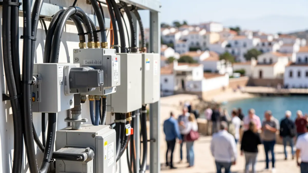 Primer plano de componentes de la red de distribución eléctrica en Isla Cristina.