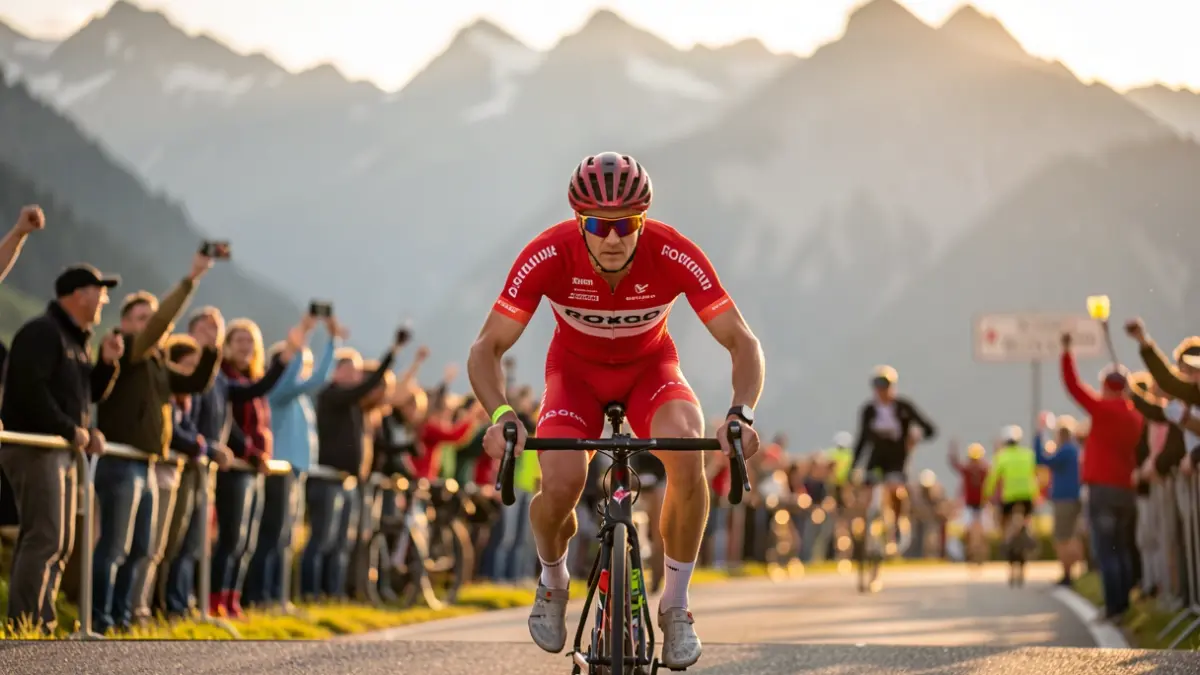 Cyclist in red jersey crossing the mountain finish line in Sierra de la Pandera.