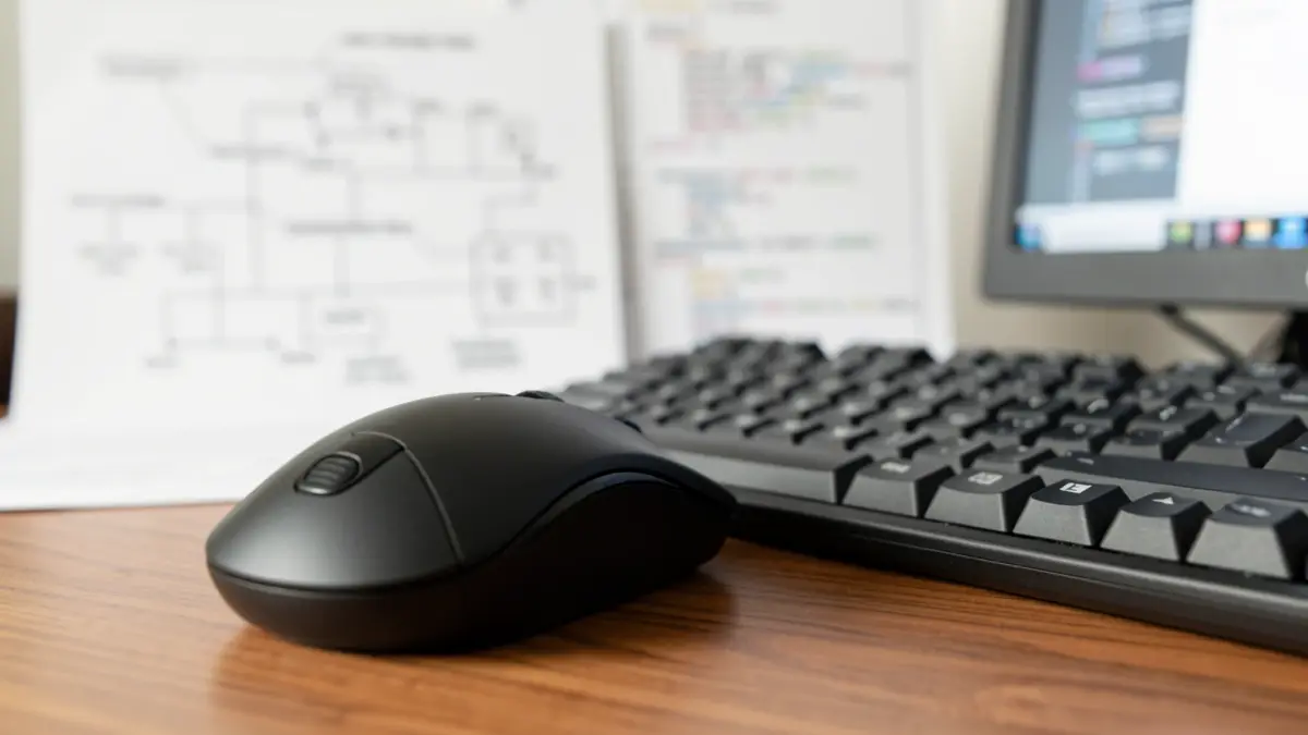 Imagen genérica de un teclado y ratón de ordenador sobre un escritorio con diagramas técnicos difuminados.