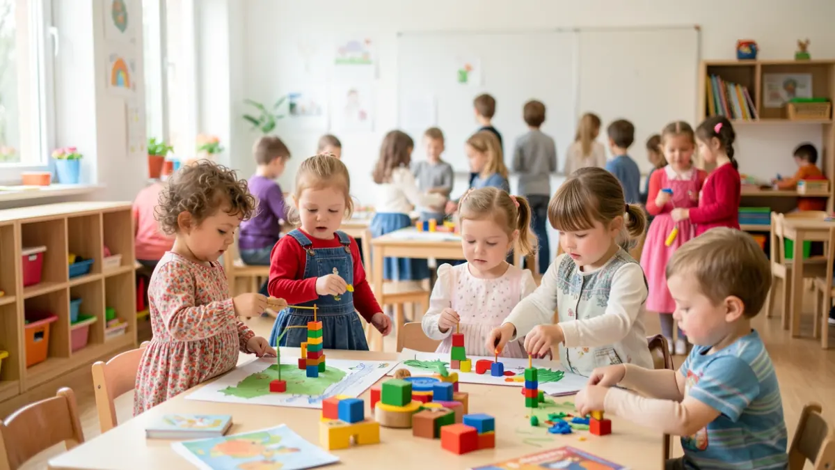 Niños pequeños participando en una actividad educativa temática europea en una escuela infantil.