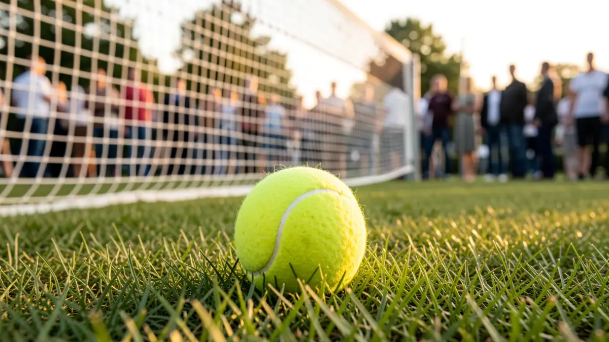 Primer plano de una pelota de tenis sobre hierba recién cortada con la red de tenis desenfocada al fondo.