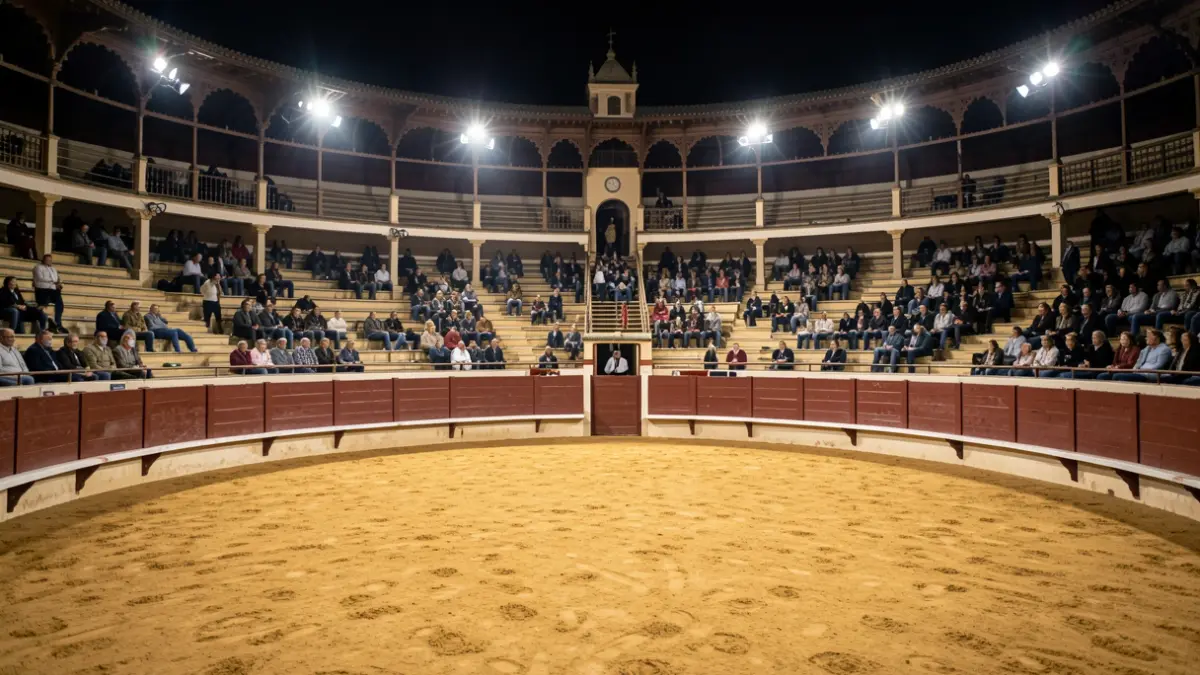 Plaza de toros de Guillena iluminada por la noche, vacía.