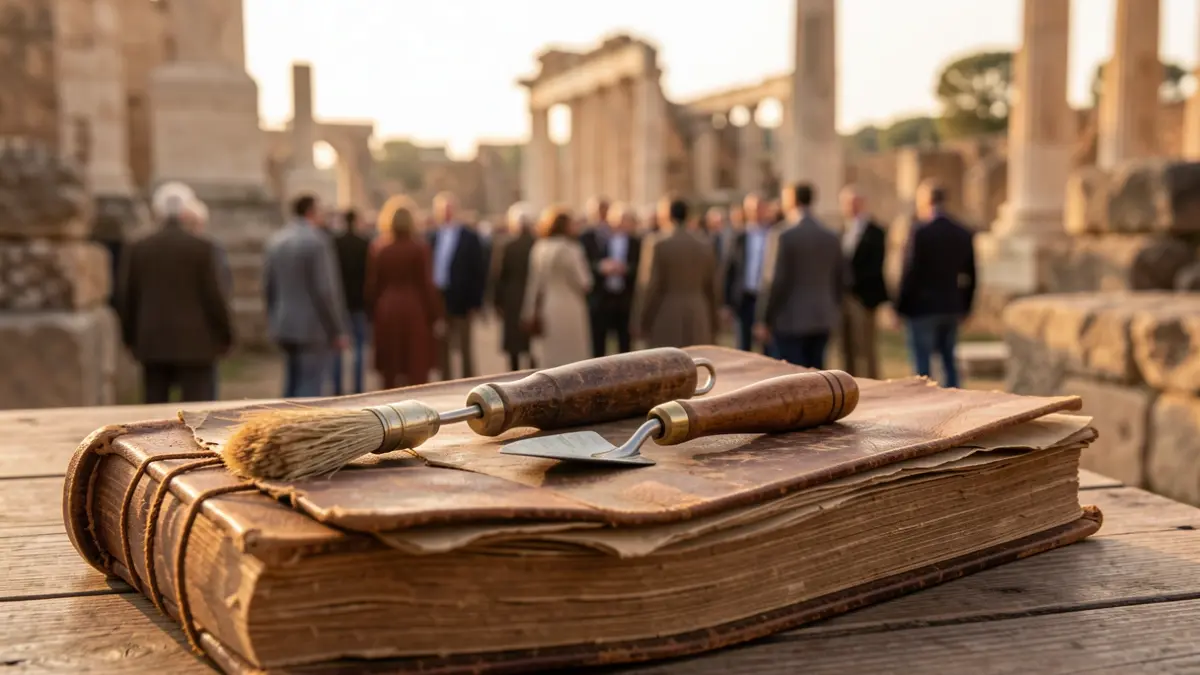Close-up of an old book with archaeological tools and blurred ruins in the background.
