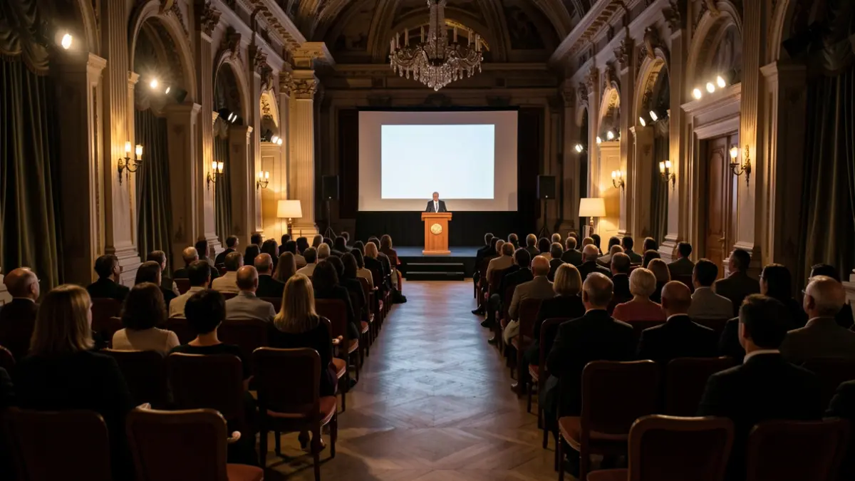 Imagen genérica de un salón de actos con sillas vacías y un escenario.